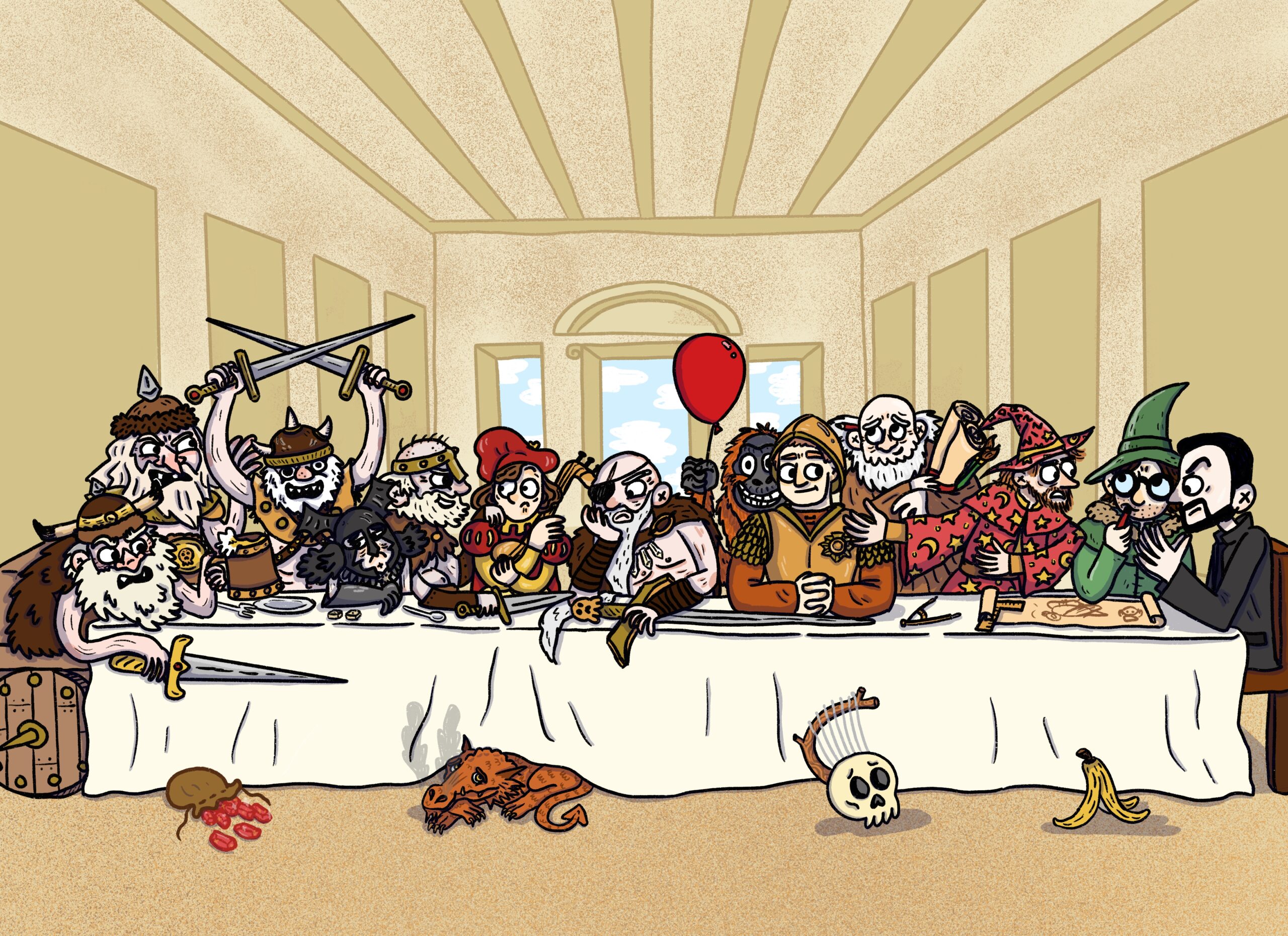 A cartoon illustration of characters from the book The Last Hero, sitting at a long table in the style of Da Vinci's "The Last Supper"