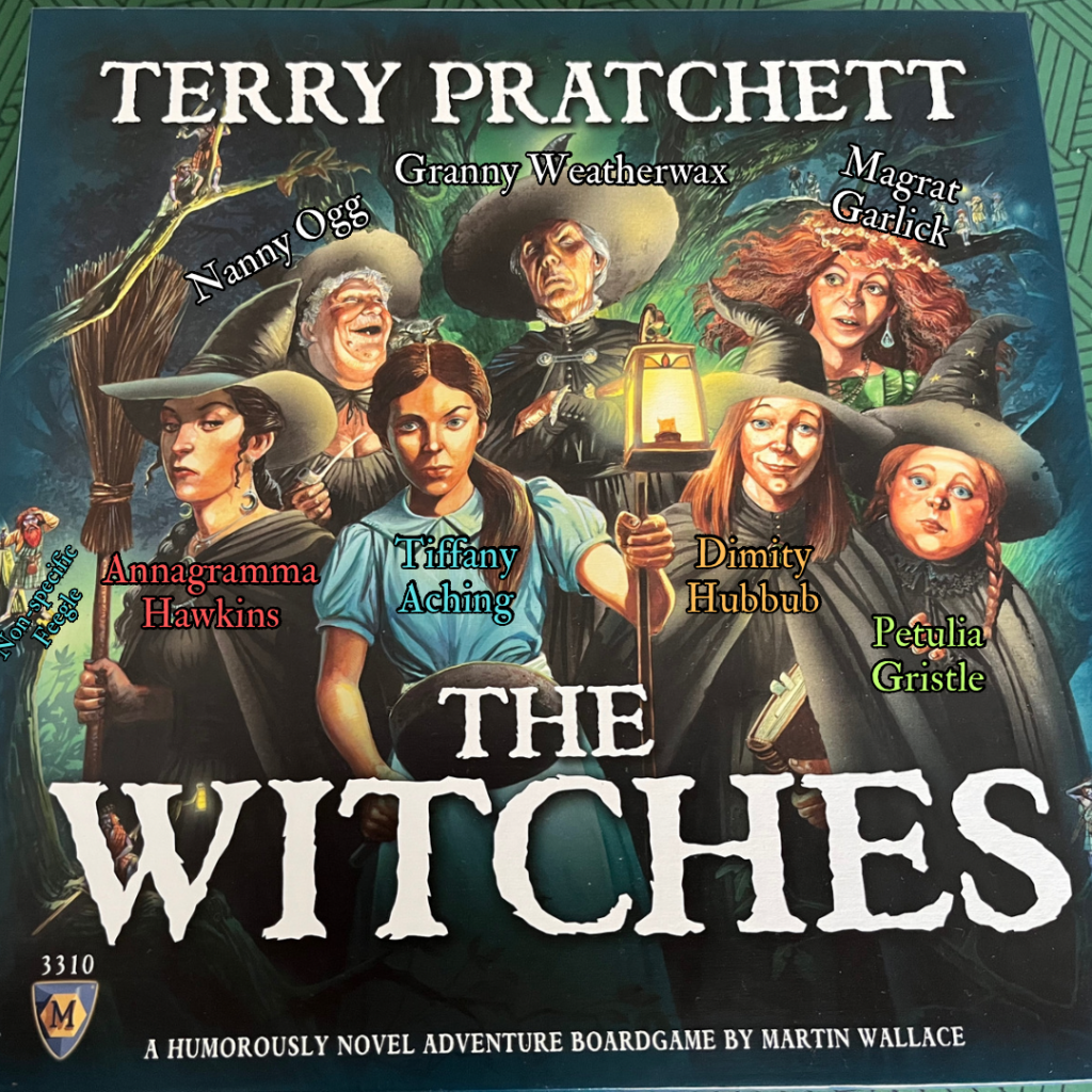 An annotated photo of the box for The Witches board game, showing the names of each of the characters on it.